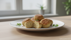 Albóndigas de tofu con sésamo doradas en plato de cerámica
