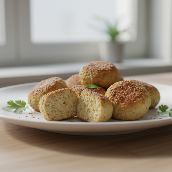 Albóndigas de tofu con sésamo doradas en plato de cerámica