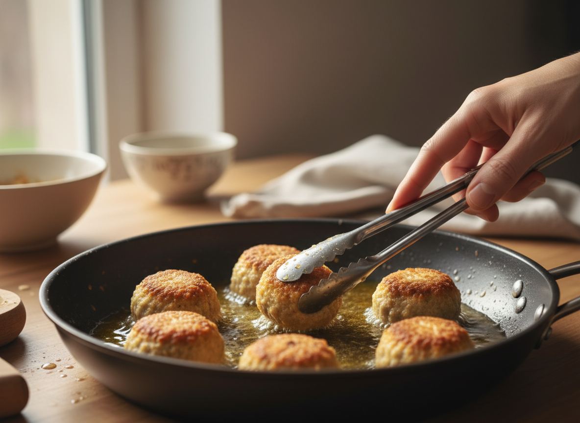 Albóndigas dorándose en sartén con aceite de oliva