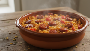 Arroz con chorizo casero en cazuela de barro con trozos de chorizo y tomate