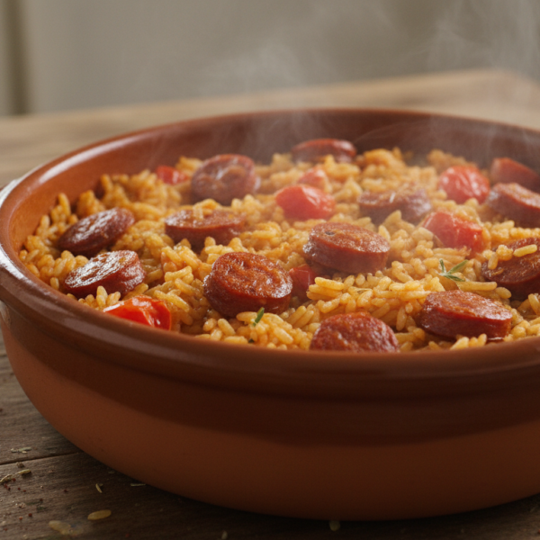 Arroz con chorizo casero en cazuela de barro con trozos de chorizo y tomate
