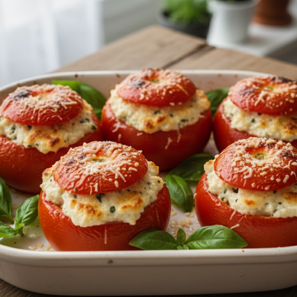 Tomates nevados gratinados con crema de parmesano en fuente blanca