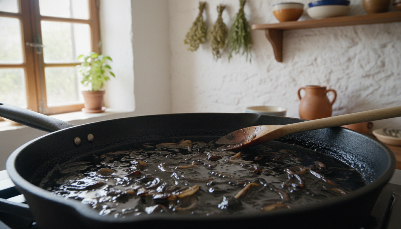 Calamares a la parrilla: receta con salsa de tinta 1 Salsa de tinta de calamar con cebolla pochada en la sartén