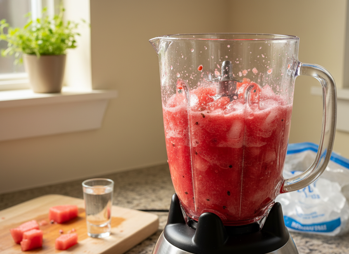Batidora con pulpa de sandía, vodka y hielo listos para triturar