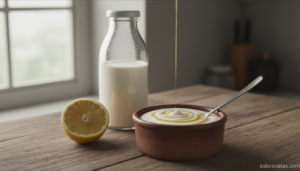 Bol de mayonesa de leche casera (lactonesa) con un chorrito de aceite y medio limón al lado