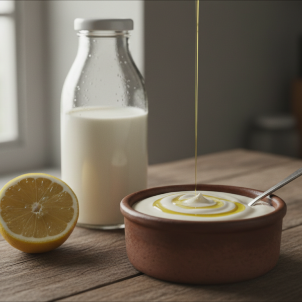 Bol de mayonesa de leche casera (lactonesa) con un chorrito de aceite y medio limón al lado