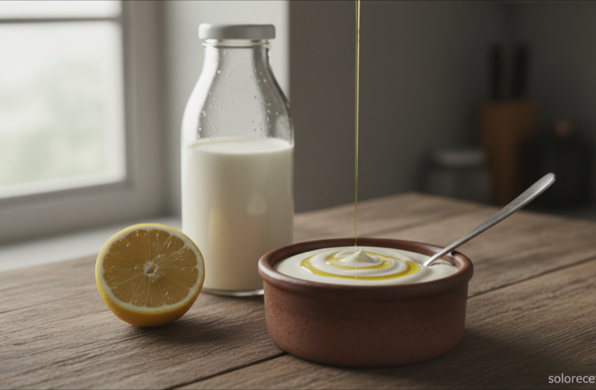 Bol de mayonesa de leche casera (lactonesa) con un chorrito de aceite y medio limón al lado