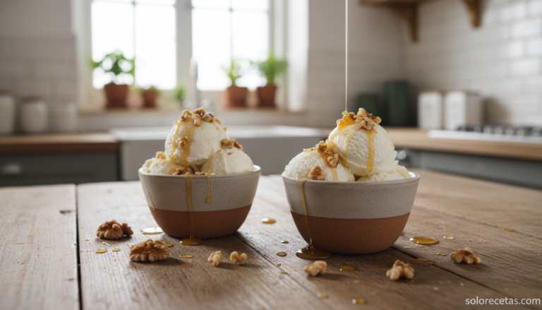 Helado de requesón casero con nueces servido en copas con miel