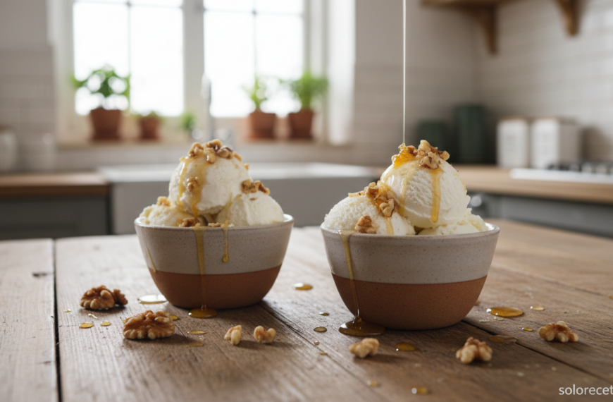 Helado de requesón casero con nueces servido en copas con miel