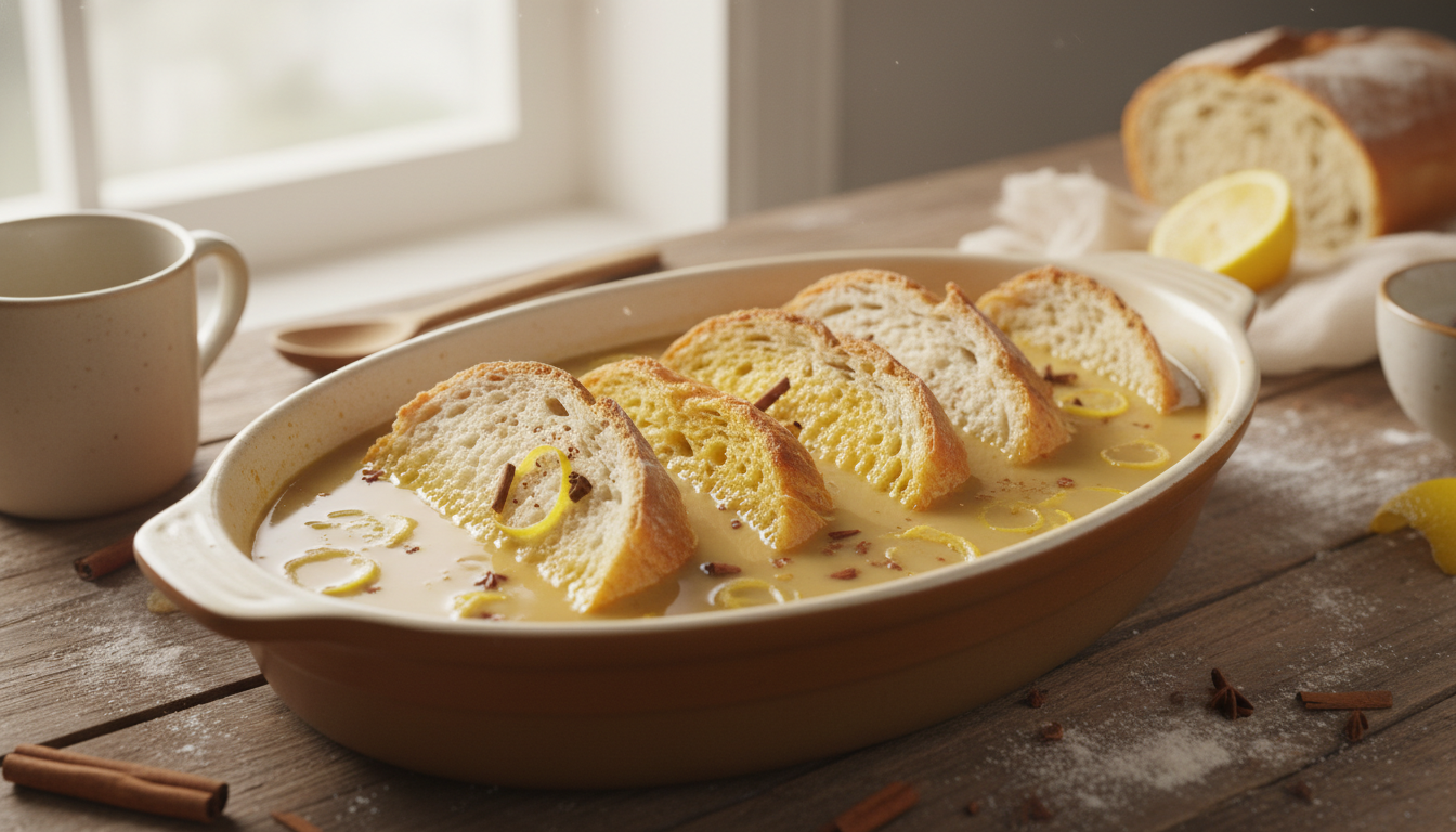 Rodajas de pan empapándose en la leche con canela para las torrijas