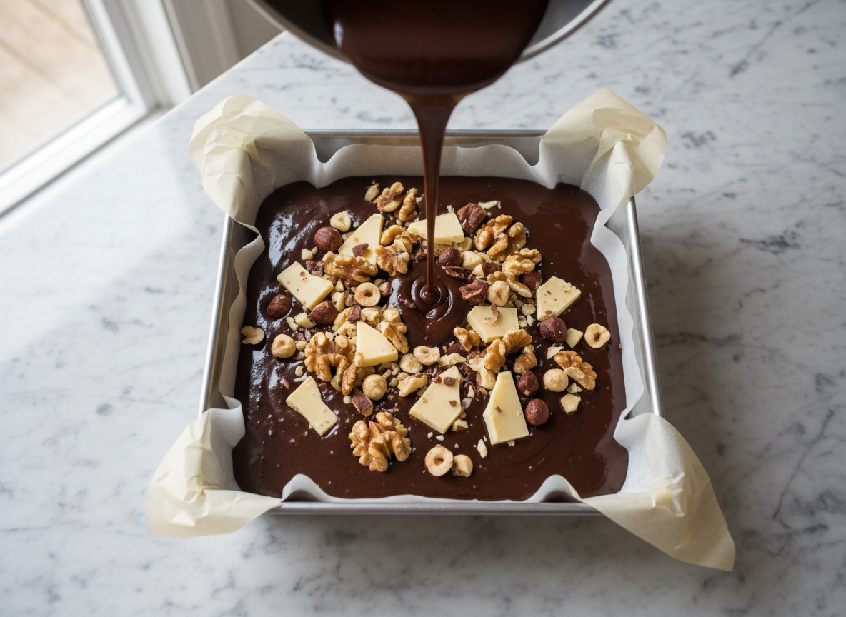 Masa de brownie con avellanas y nueces vertida en molde cuadrado forrado
