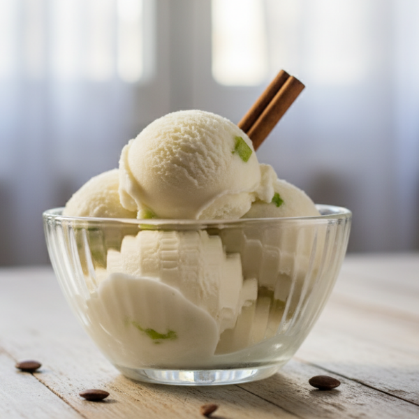 Sorbete de chirimoya casero servido en copa de postre