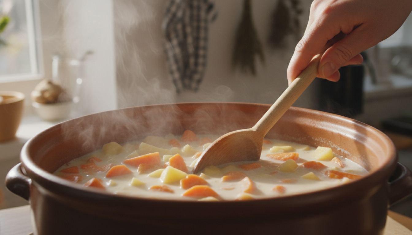 Zanahorias y patatas cociéndose en la olla