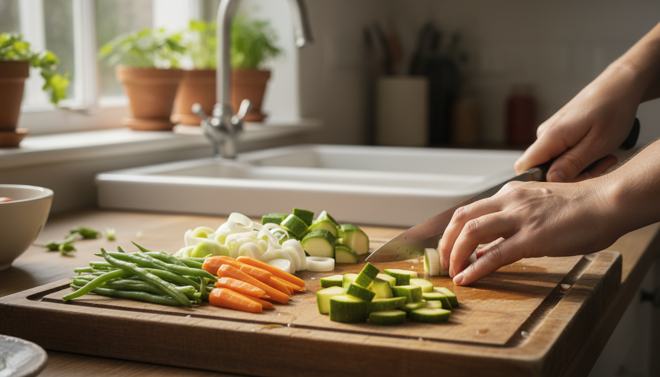 Caldo de verduras casero con puerro, judías y calabacín 1 Verduras cortadas para el caldo: judías, zanahoria, calabacín y puerro