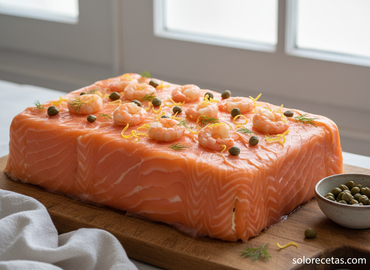 Pastel de salmón cubierto con lonchas y decorado con gambas y eneldo listo para servir