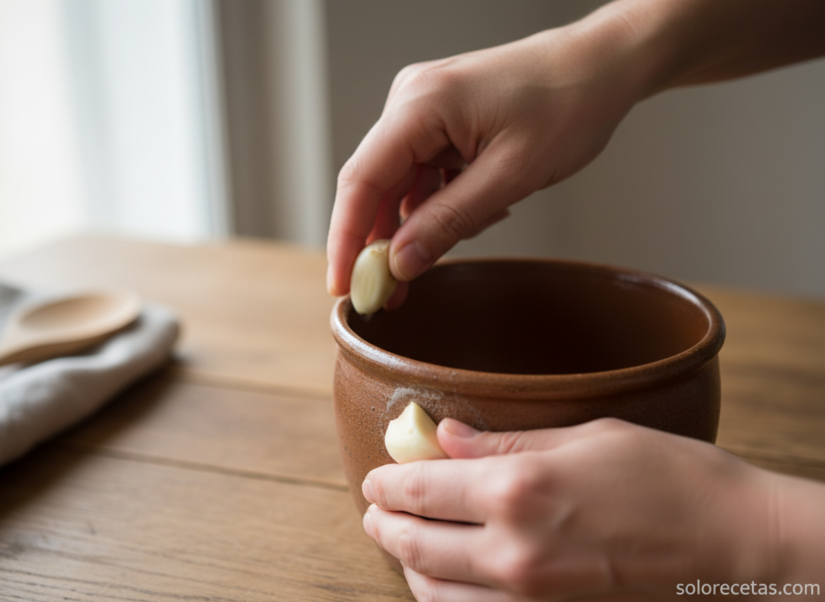 Manos frotando un diente de ajo en el interior de la caquelon de fondue