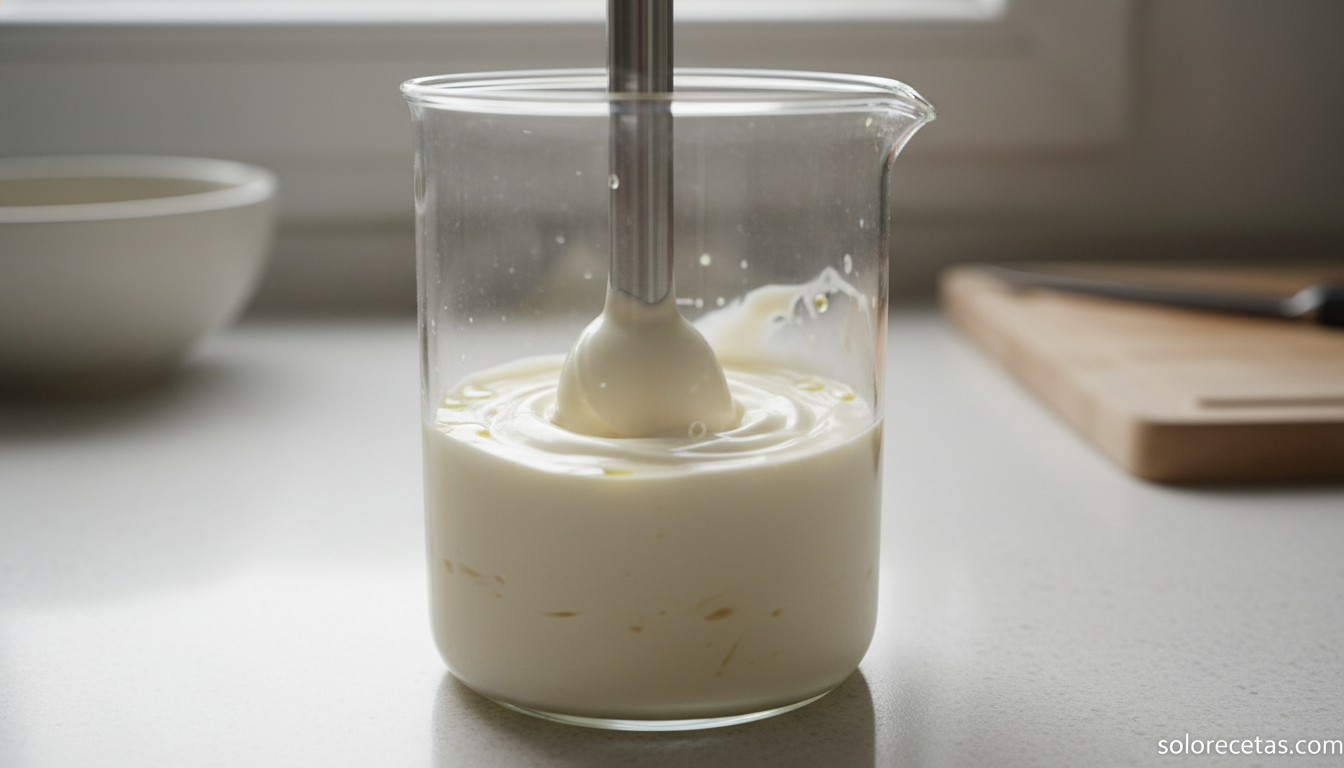 Batidora de mano emulsionando la mayonesa de leche dentro del vaso
