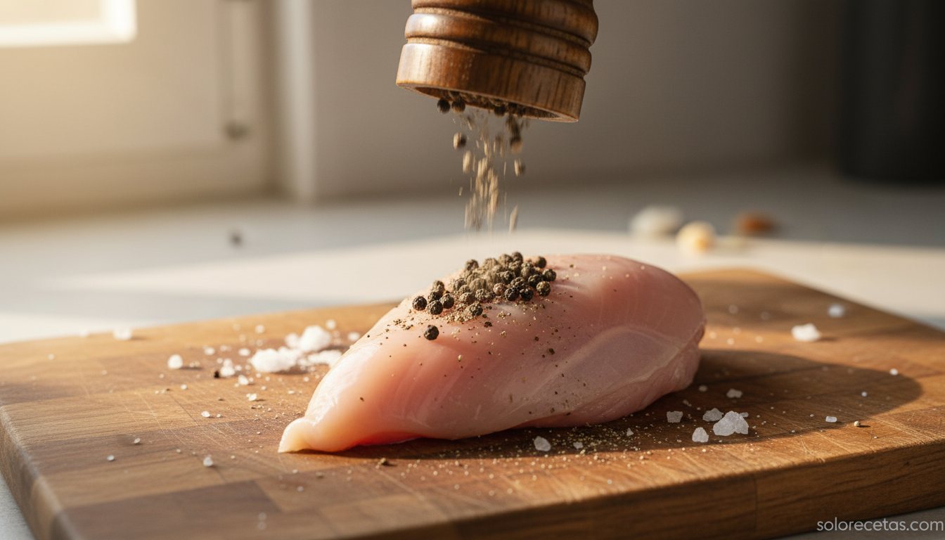Pimienta recien molida cayendo sobre filete de pollo crudo