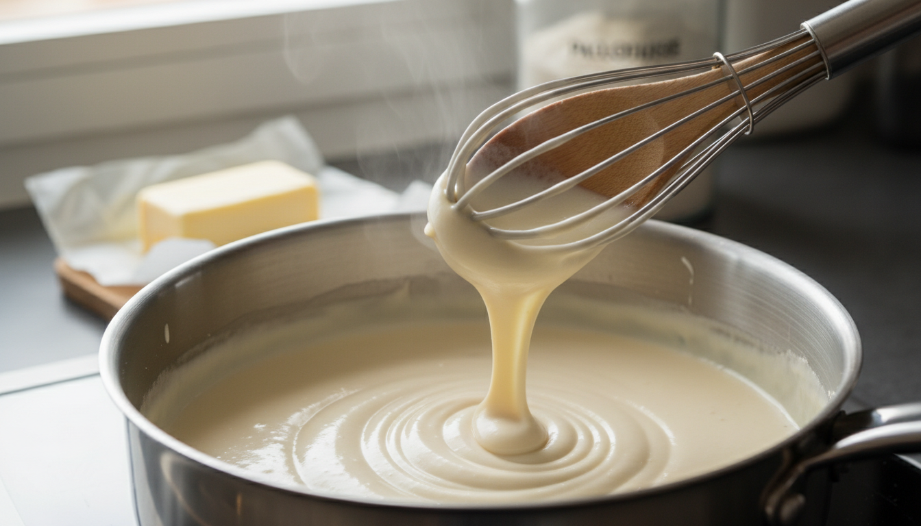 Bechamel cremosa con caldo de cangrejo en una cazuela