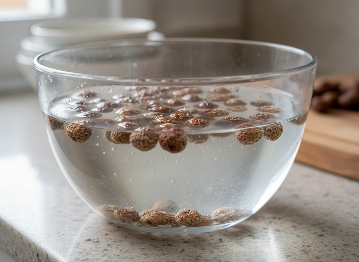 Chufas valencianas en remojo en un bol con agua fría