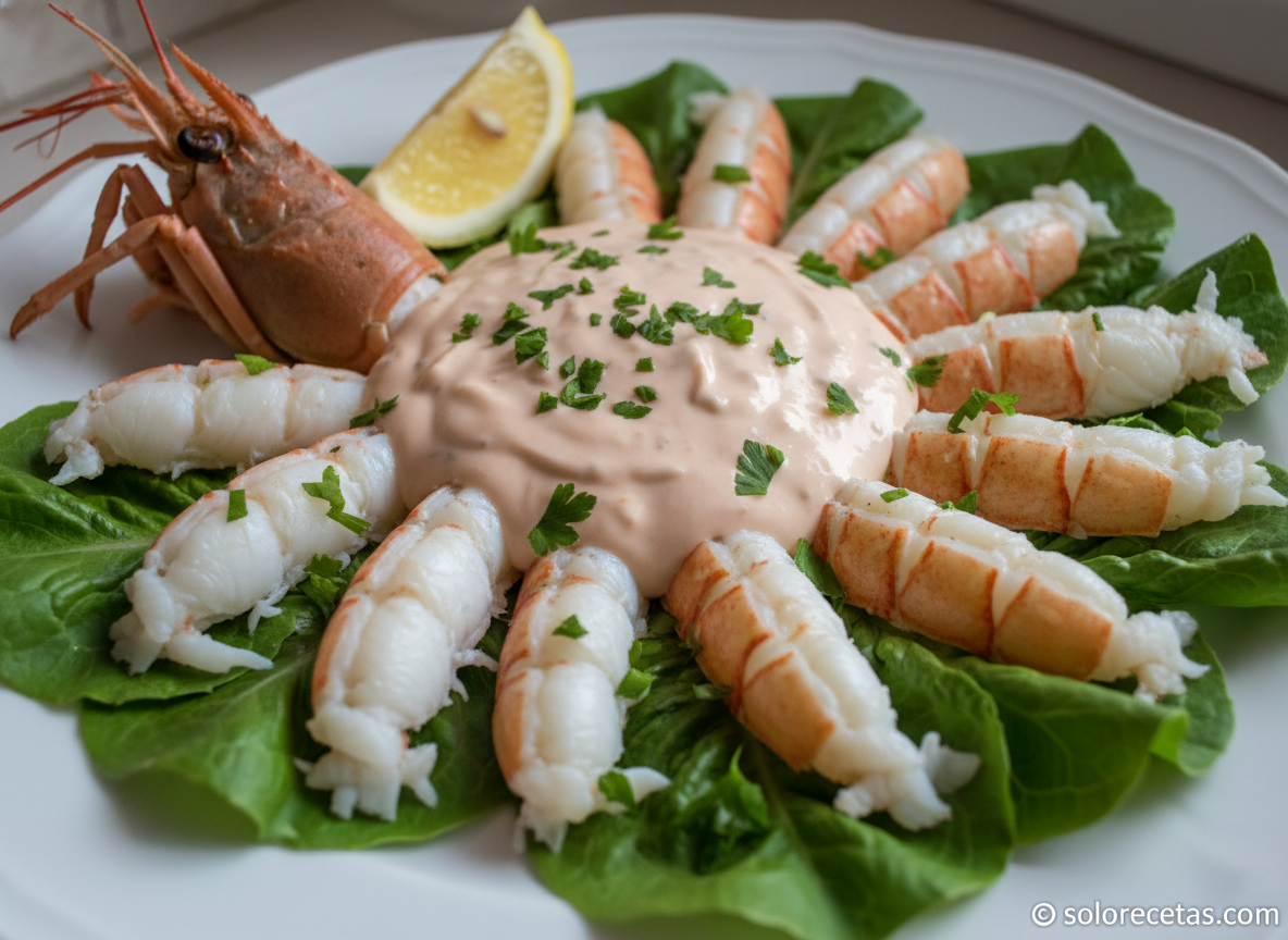 Plato emplatado de cigalas con salsa rosa sobre cama de lechuga romana