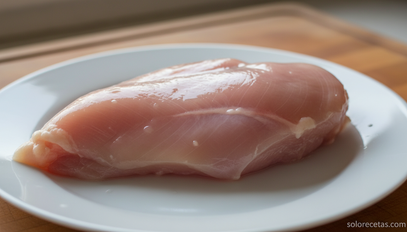 Pechuga de pollo cruda fresca con color rosa pálido sobre plato blanco