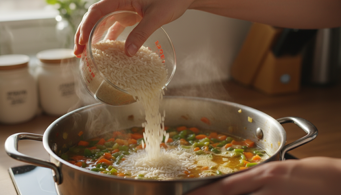 Añadiendo el arroz a la olla con el caldo y las verduras