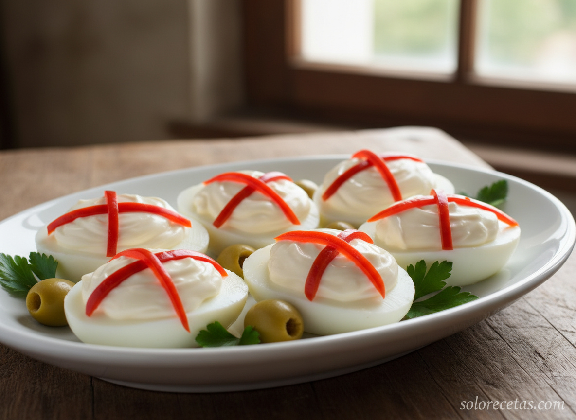 ai close up of stuffed egg halves on white ceramic platter bein T1Z0jh
