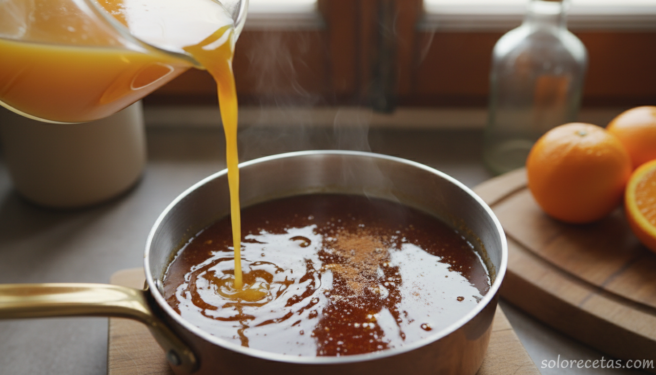 Almibar de naranja con canela burbujeando en cazo de cobre