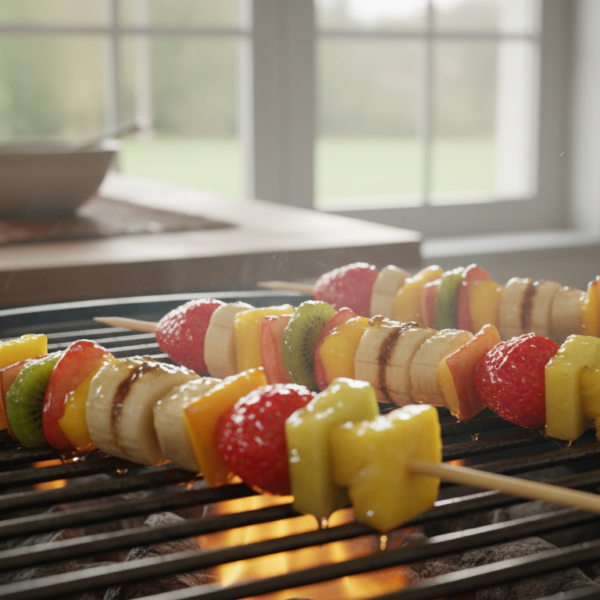 Brochetas de frutas a la barbacoa con caramelizado