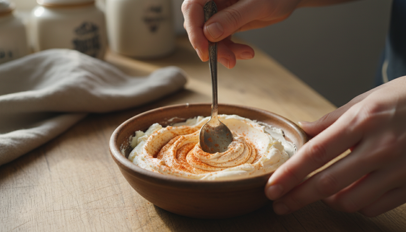 Mezclando queso fresco con pimentón dulce para el brioche