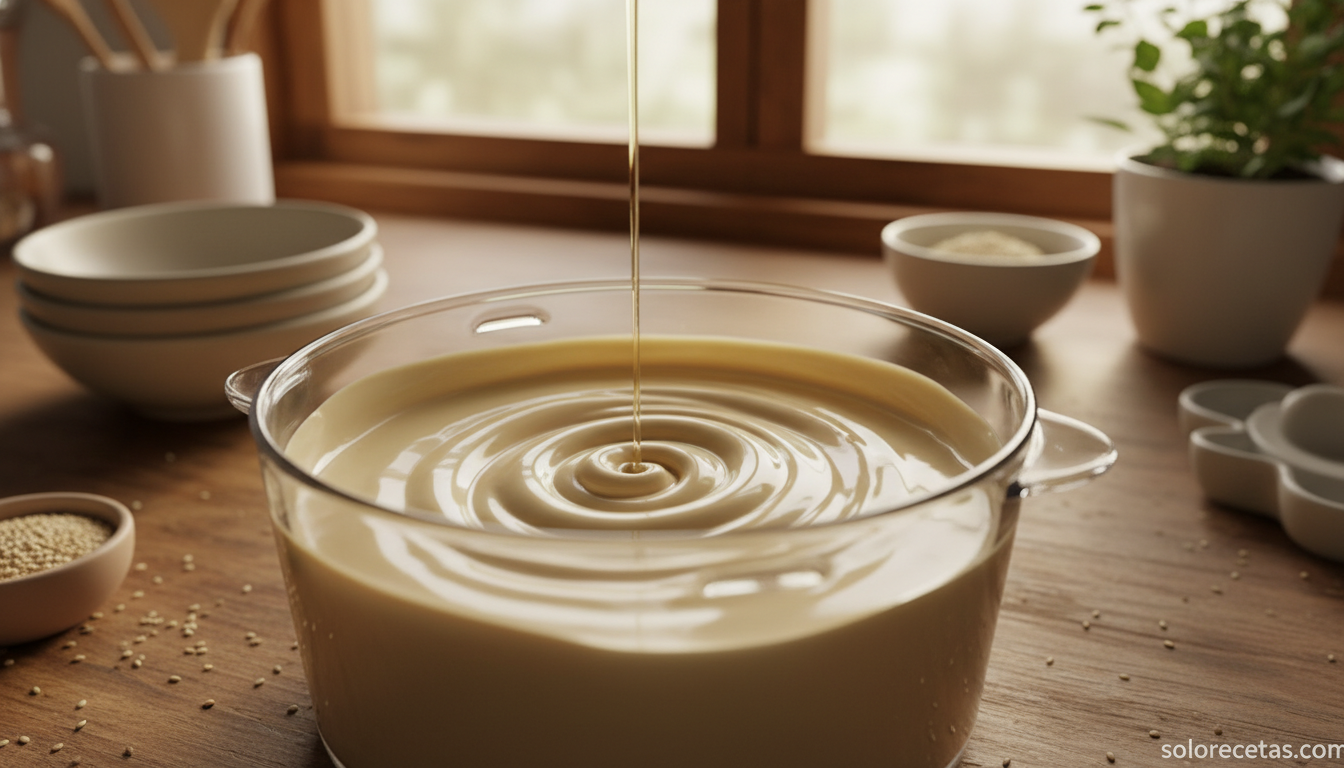 Tahini casero triturado en robot de cocina con hilo de aceite