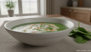 Crema de espinacas con queso en tiras servida en bol blanco
