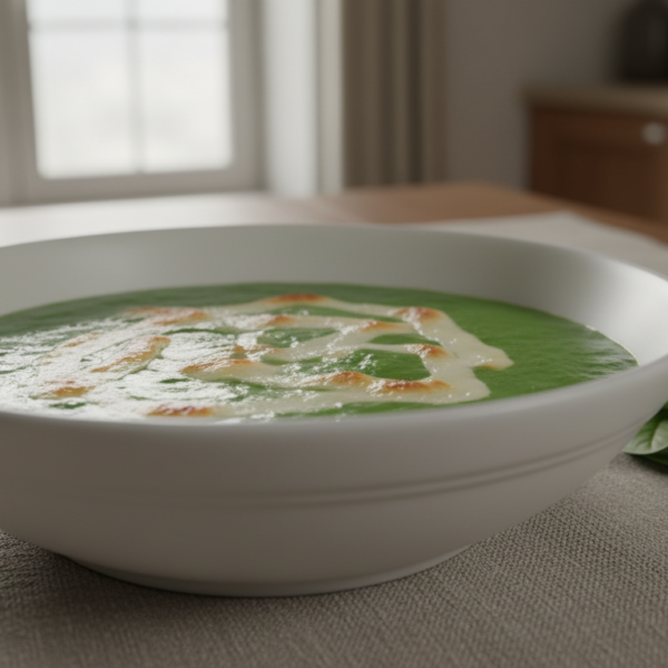 Crema de espinacas con queso en tiras servida en bol blanco