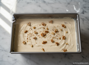 Mezcla de helado de requesón con nueces lista para congelar en molde metálico