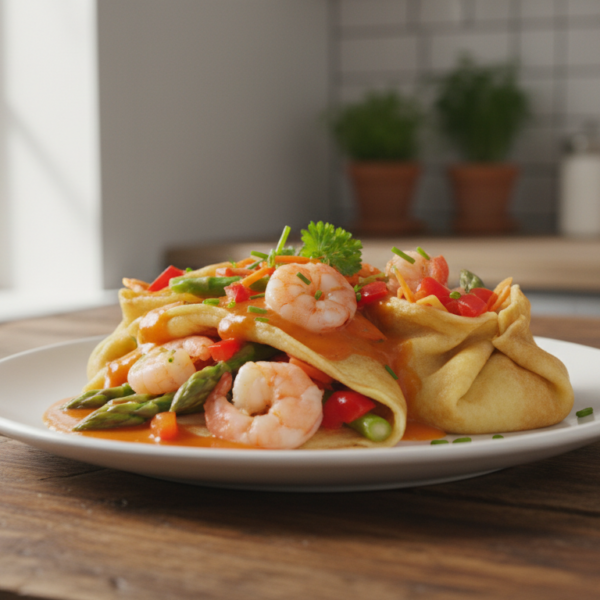 Crepes rellenos de marisco y verduras con salsa americana