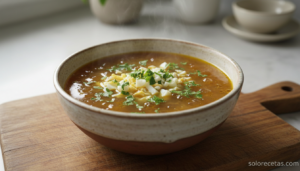 Sopa de tapioca con caldo de ave y huevo duro en cuenco de cerámica
