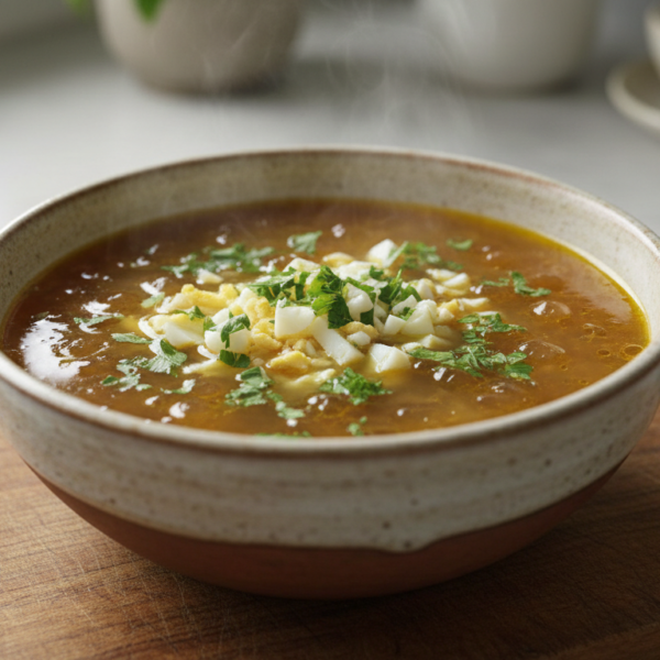 Sopa de tapioca con caldo de ave y huevo duro en cuenco de cerámica