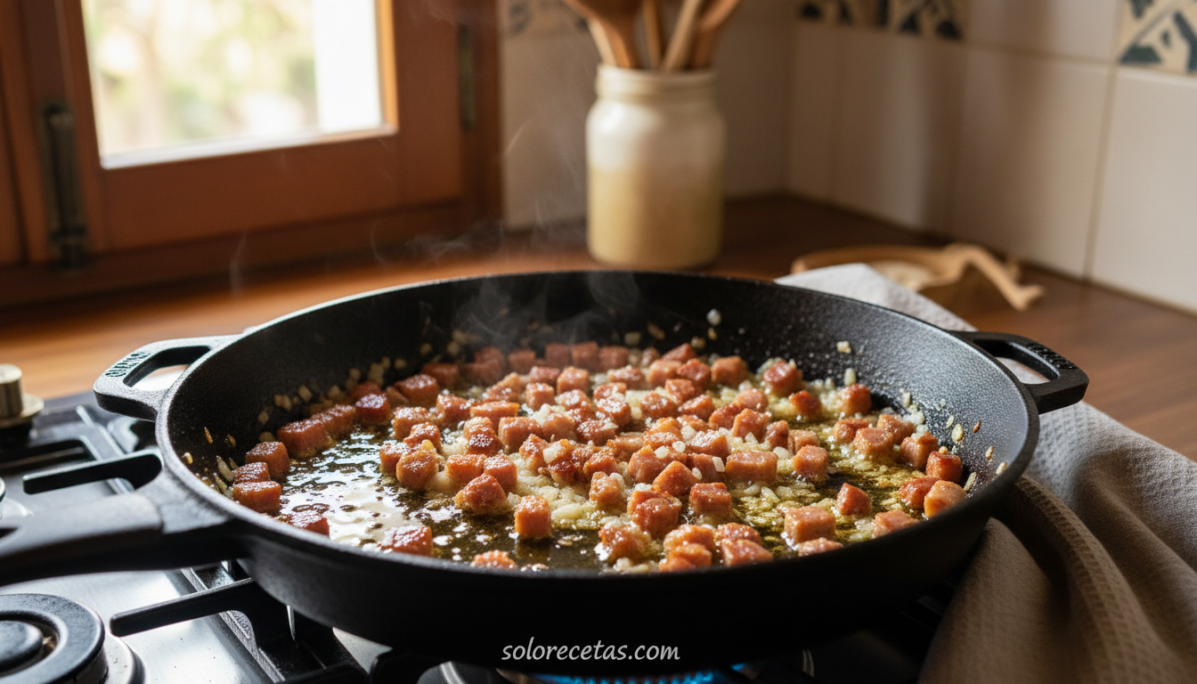 Tacos de jamón dorando en sartén con cebolla y ajo