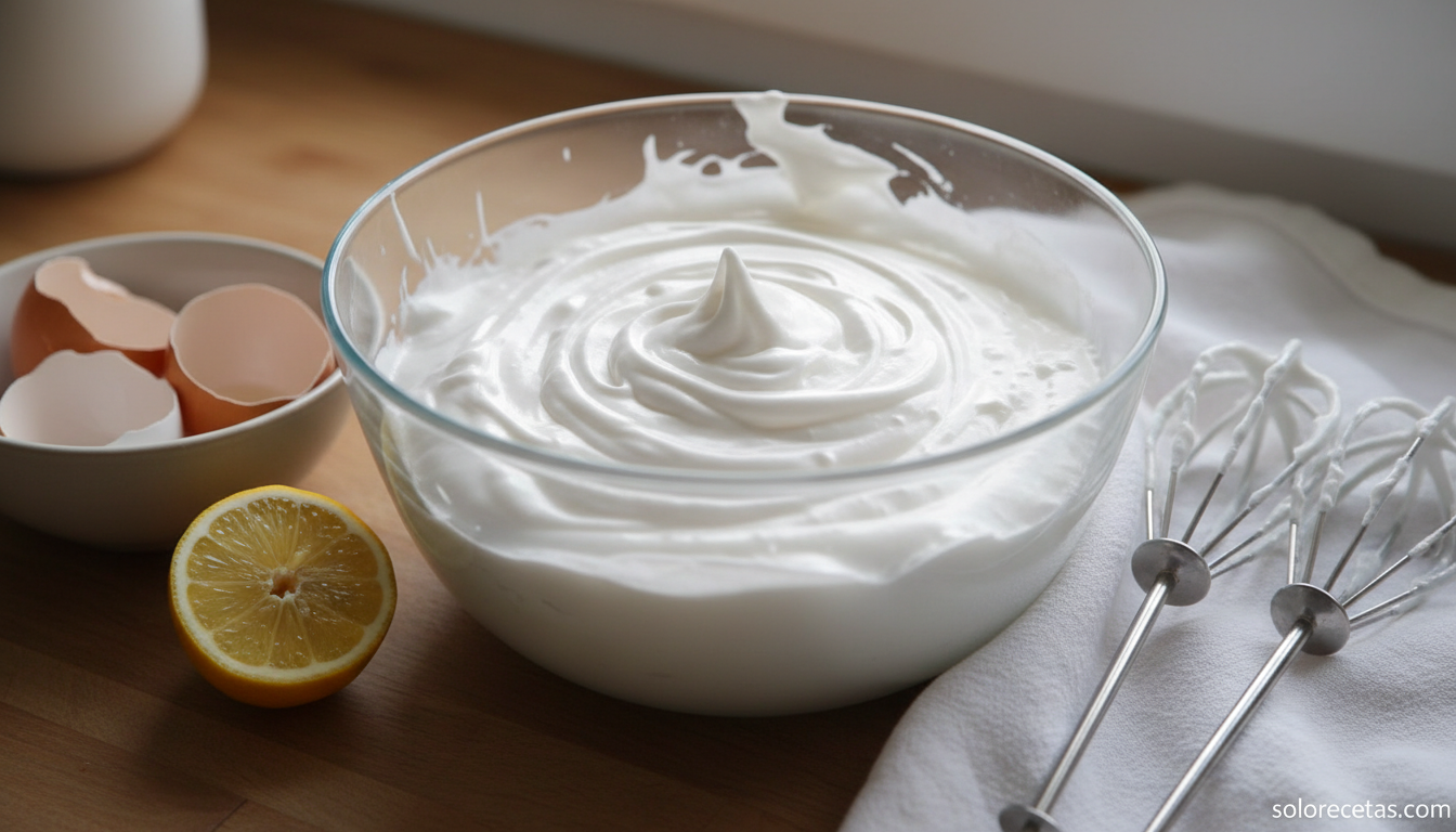 Soufflé marinero de merluza: receta esponjosa al horno 2 Claras de huevo montadas a punto de nieve firme en un bol de cristal
