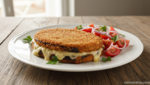 Sandwich de berenjenas rebozado con jamón y queso fundido, dorado y crujiente, servido con ensalada de tomate