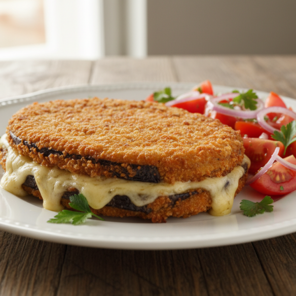 Sandwich de berenjenas rebozado con jamón y queso fundido, dorado y crujiente, servido con ensalada de tomate