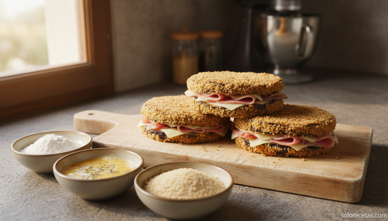 Sándwiches de berenjena con jamón y queso rebozados en pan rallado listos para freír