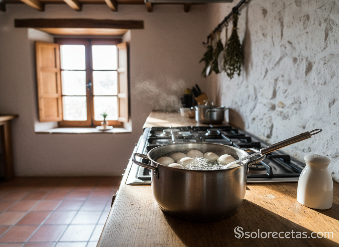 ai eight white chicken eggs simmering in stainless steel pot of 3Pv1DP