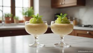 Mousse de uvas con merengue servida en copas de cristal con uvas frescas