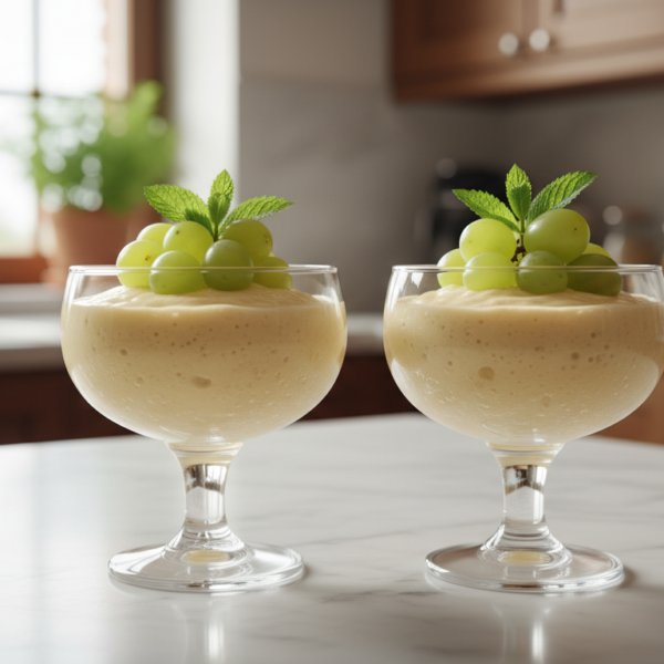 Mousse de uvas con merengue servida en copas de cristal con uvas frescas