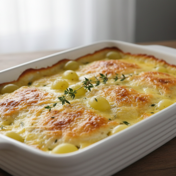 Lenguado con uvas al horno gratinado con bechamel en fuente de cerámica