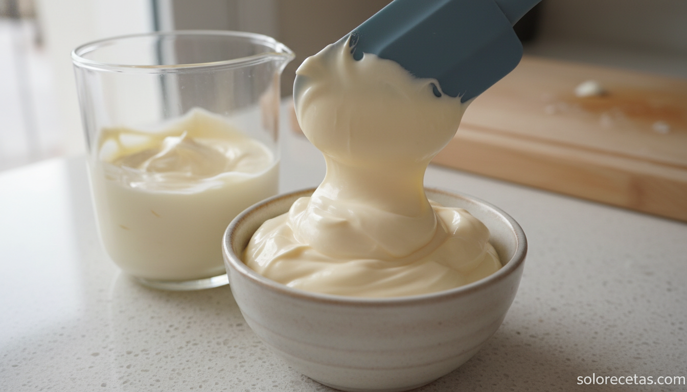 Mayonesa de leche terminada con textura espesa transferida del vaso al cuenco
