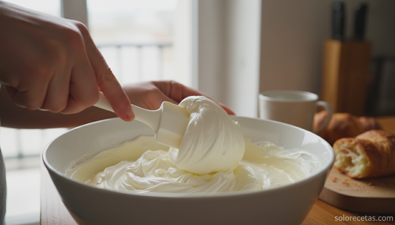Crema de mascarpone con granadas: postre en copa sin horno 2 Incorporando la nata montada al mascarpone con movimientos envolventes
