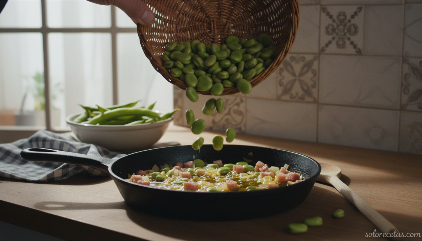 Habas frescas incorporándose a la sartén con jamón y cebolla